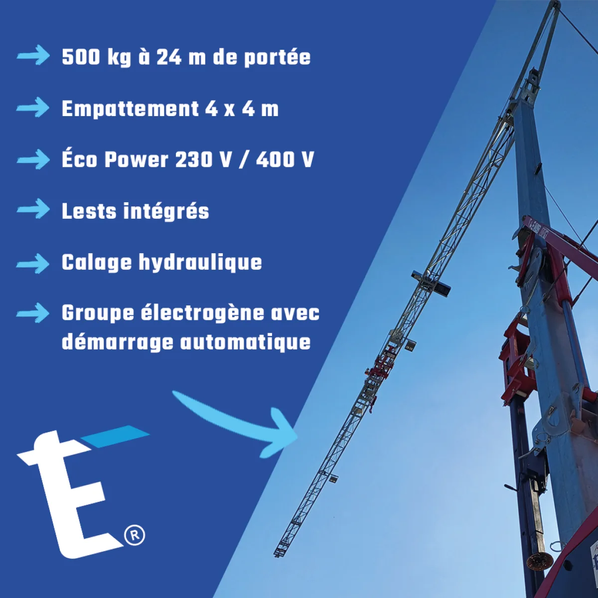Caractéristiques techniques de la grue 524 RBI-FA : 500 kg à 24 m, empattement 4x4 m, Éco Power, lests intégrés